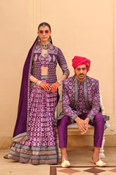 Exclusively Purple couple combo designer outfit in pure pv silk and foil print with detailed hand mirror work